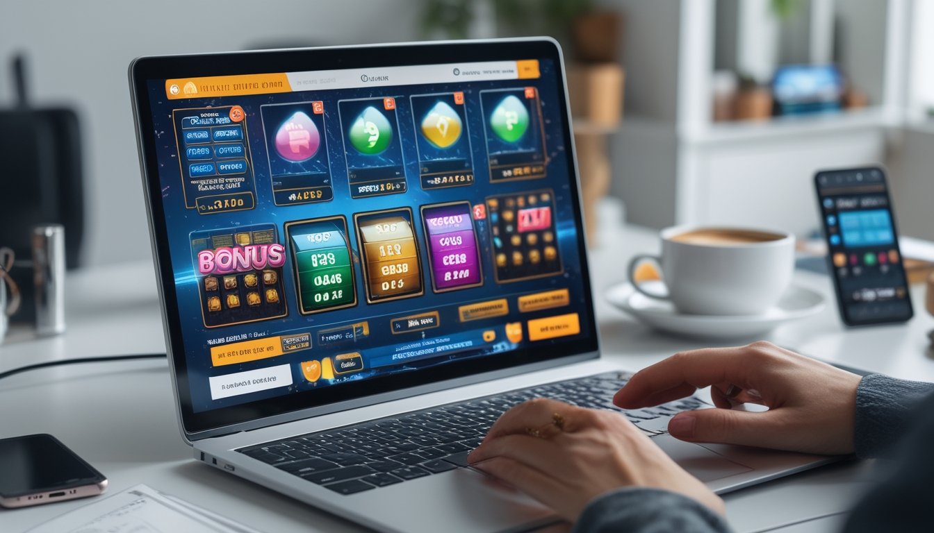 Seorang pengguna sedang menggunakan laptop di meja kerja yang rapi dengan layar menampilkan permainan togel dan slot online, tangan terlihat aktif berinteraksi dengan perangkat.