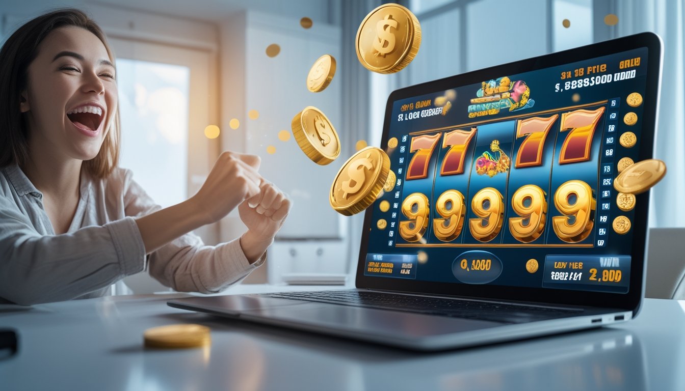 Seseorang merayakan kemenangan jackpot saat bermain togel dan slot online di depan laptop di ruang kerja modern.