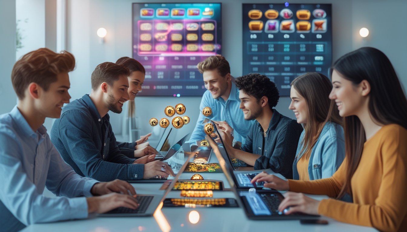 Beberapa orang muda menggunakan perangkat digital untuk bermain permainan togel dan slot online di ruang modern.