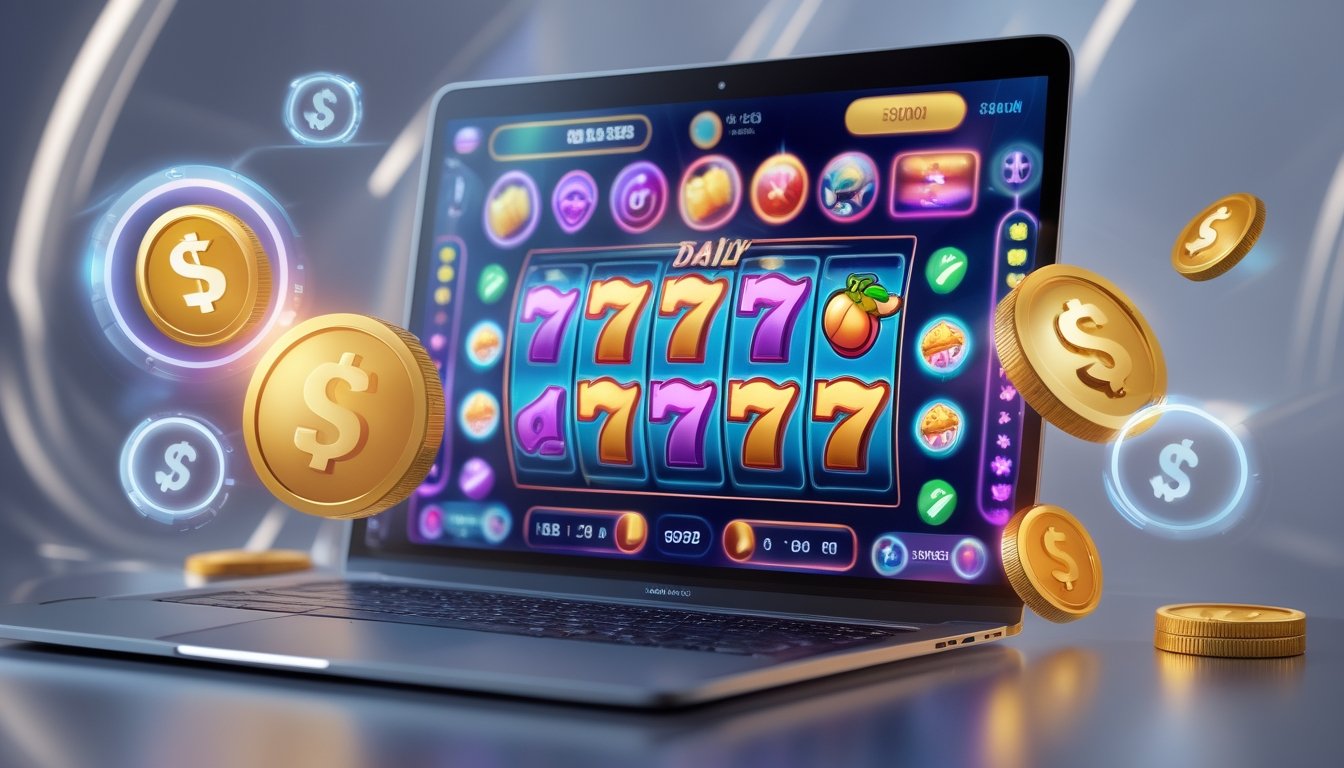 Seorang pria menggunakan laptop dengan layar menampilkan mesin slot online berwarna-warni dan koin digital mengambang di sekitarnya.