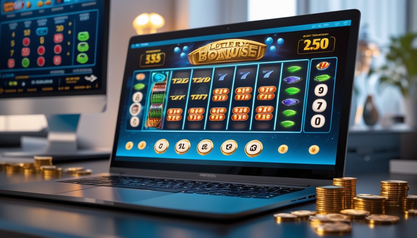 Sebuah komputer di meja dengan layar menampilkan permainan togel dan slot online yang berwarna-warni, dikelilingi oleh koin emas dan chip kasino di ruangan yang terang.