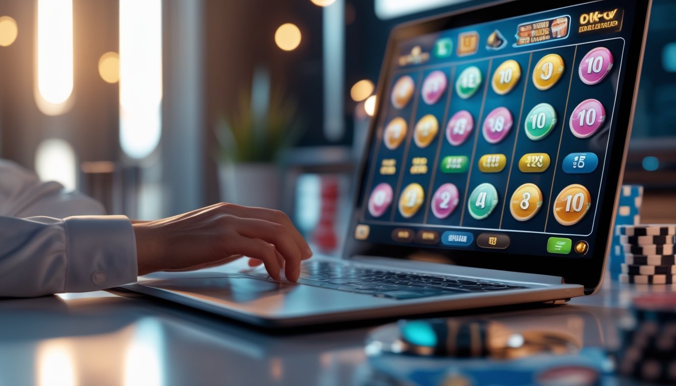 Seorang pengguna berinteraksi dengan komputer yang menampilkan permainan togel dan slot online dengan latar belakang elemen permainan judi digital.