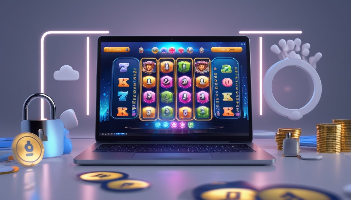 Seseorang menggunakan komputer dengan layar menampilkan permainan slot dan togel online, dikelilingi simbol keamanan dan hadiah.