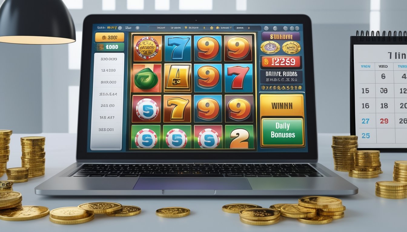 Meja kerja modern dengan laptop yang menampilkan permainan slot dan angka togel, dikelilingi koin emas dan chip kasino, serta kalender yang menandai bonus harian.