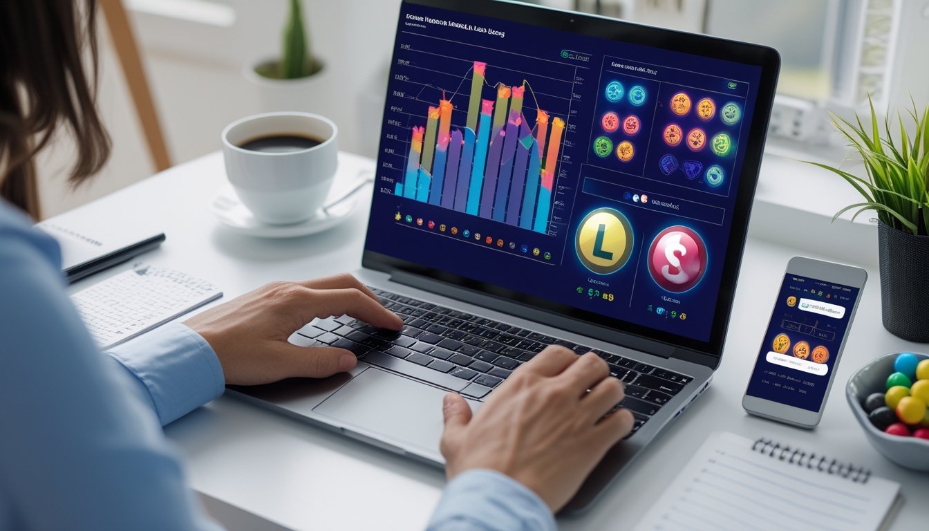 Meja kerja dengan laptop yang menampilkan grafik dan simbol lotere serta mesin slot, tangan seseorang sedang menggunakan laptop, suasana fokus dan strategis.