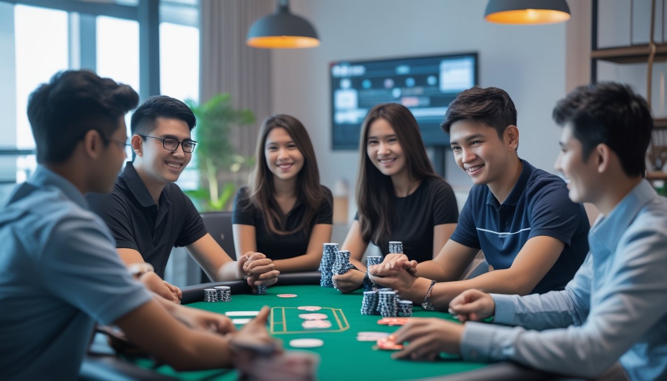 Sekelompok orang muda bermain poker di meja dengan laptop dan ponsel di sekitar mereka.