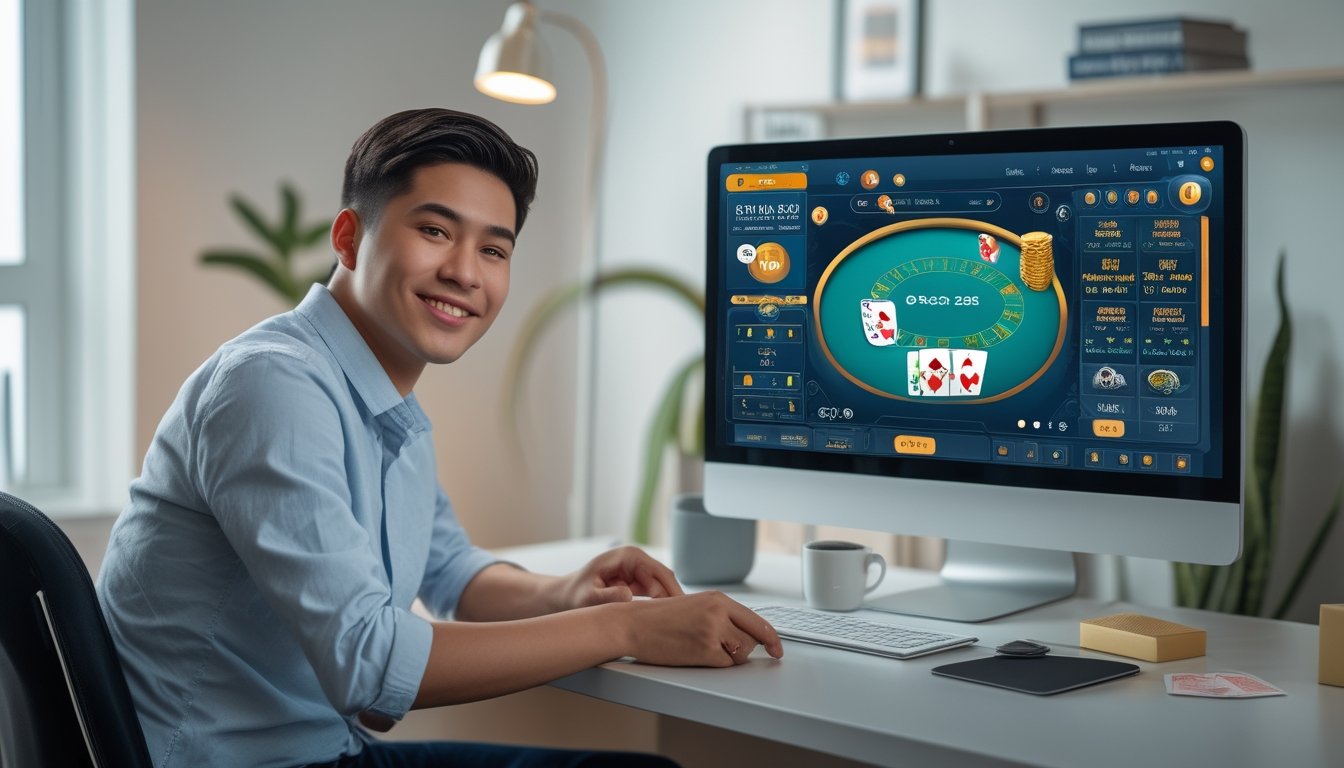 Seorang pemuda duduk di depan komputer dengan tampilan permainan poker online, di meja terdapat chip poker dan kartu, suasana terang dan nyaman.