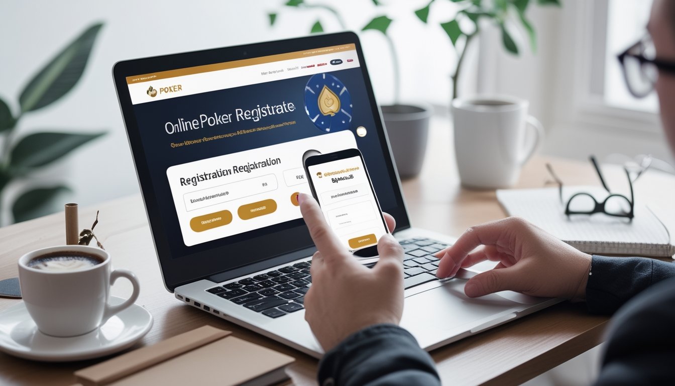 Orang menggunakan laptop dan ponsel di meja kerja dengan suasana yang rapi dan terang, menunjukkan proses pendaftaran poker online yang aman dan cepat.
