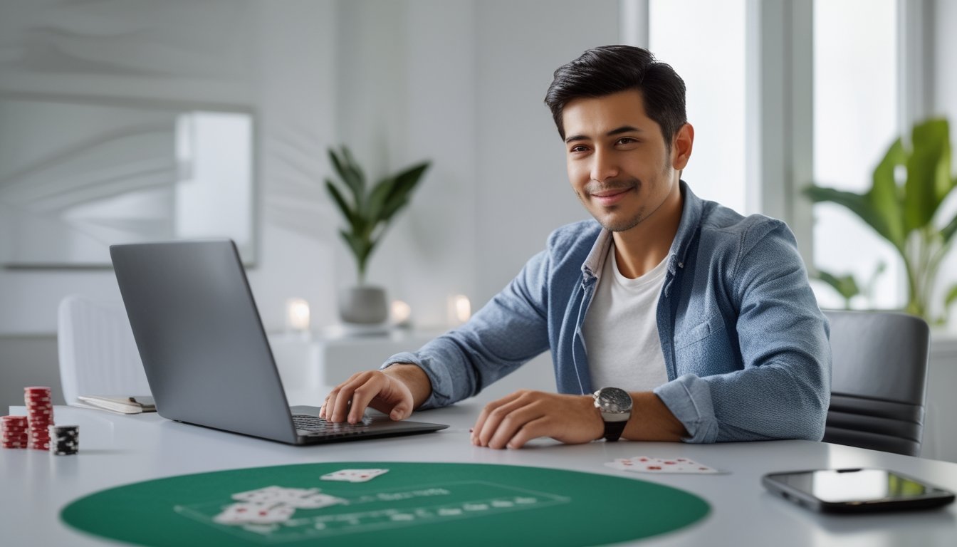 Seorang pria muda duduk di meja dengan laptop, melihat situs poker online dengan latar ruang kerja yang rapi dan pencahayaan alami.