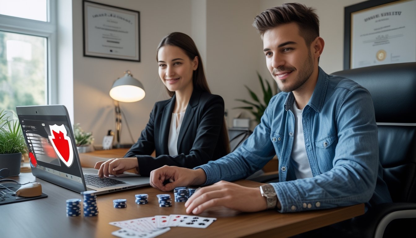 Dua orang muda duduk di meja dengan laptop bermain poker online, di sekitar terdapat simbol keamanan seperti gembok dan ikon perisai, suasana ruangan rapi dan profesional.
