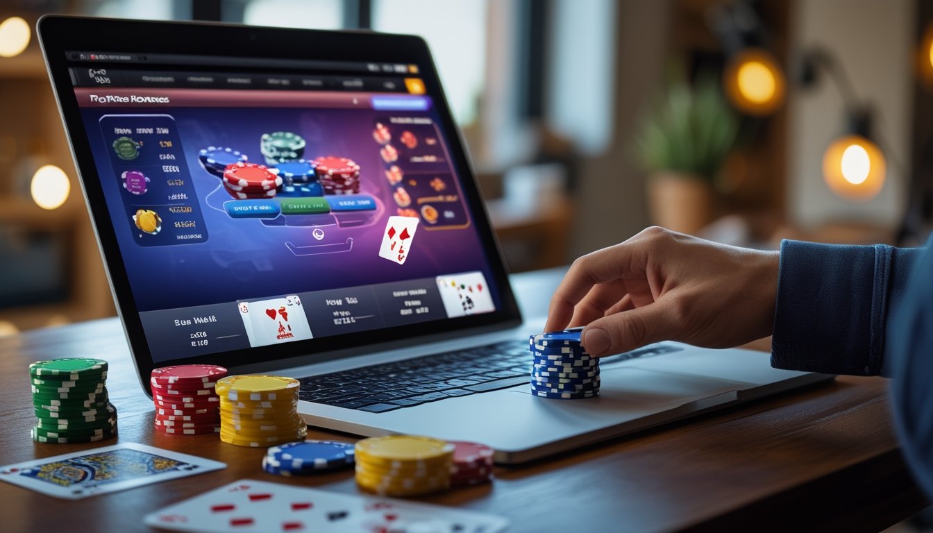 Seseorang bermain poker online di depan laptop dengan chip poker dan kartu di meja kayu.