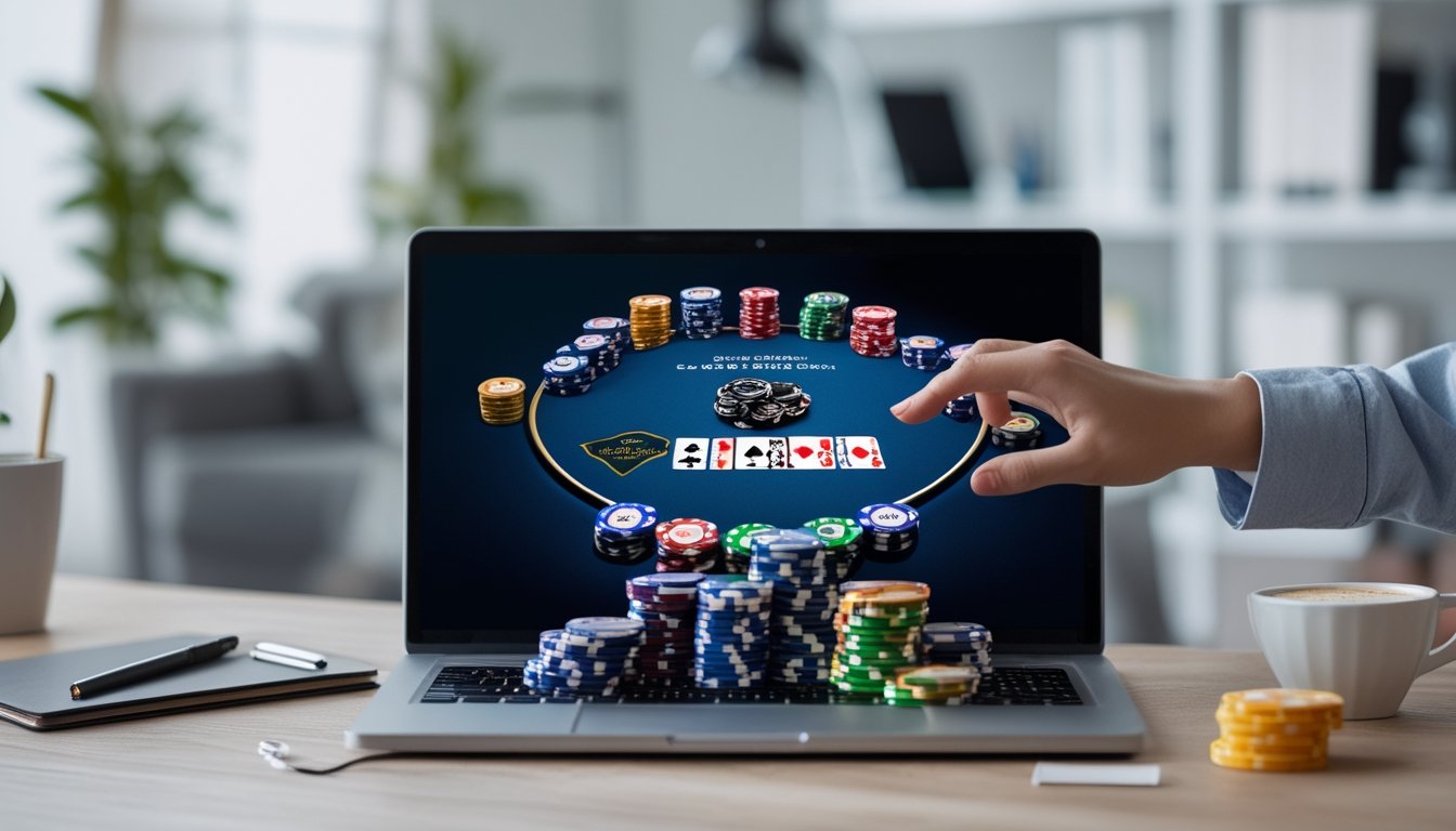 Sebuah laptop dengan permainan poker online di layar dan tumpukan chip poker di sampingnya di atas meja kerja yang rapi.