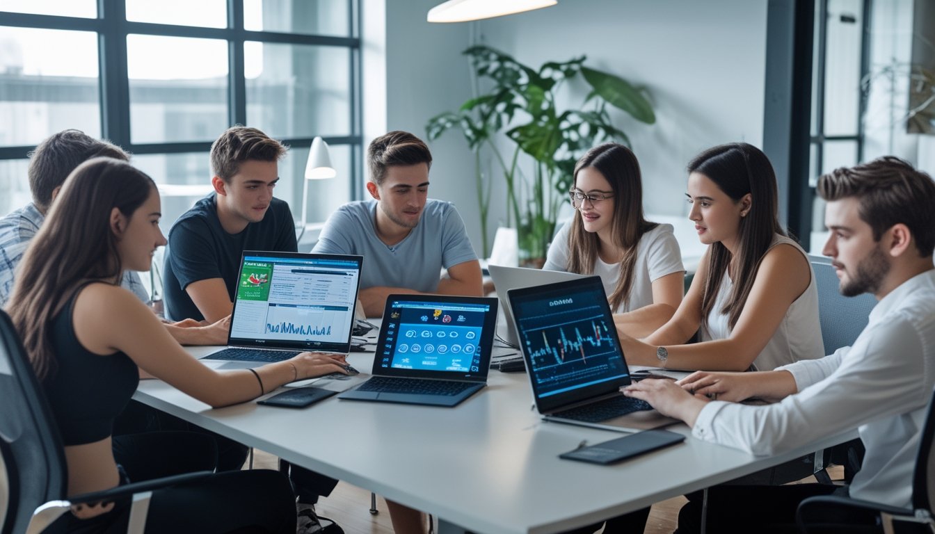 Sekelompok orang muda sedang bekerja bersama di kantor modern dengan laptop dan tablet, fokus meninjau situs poker online.