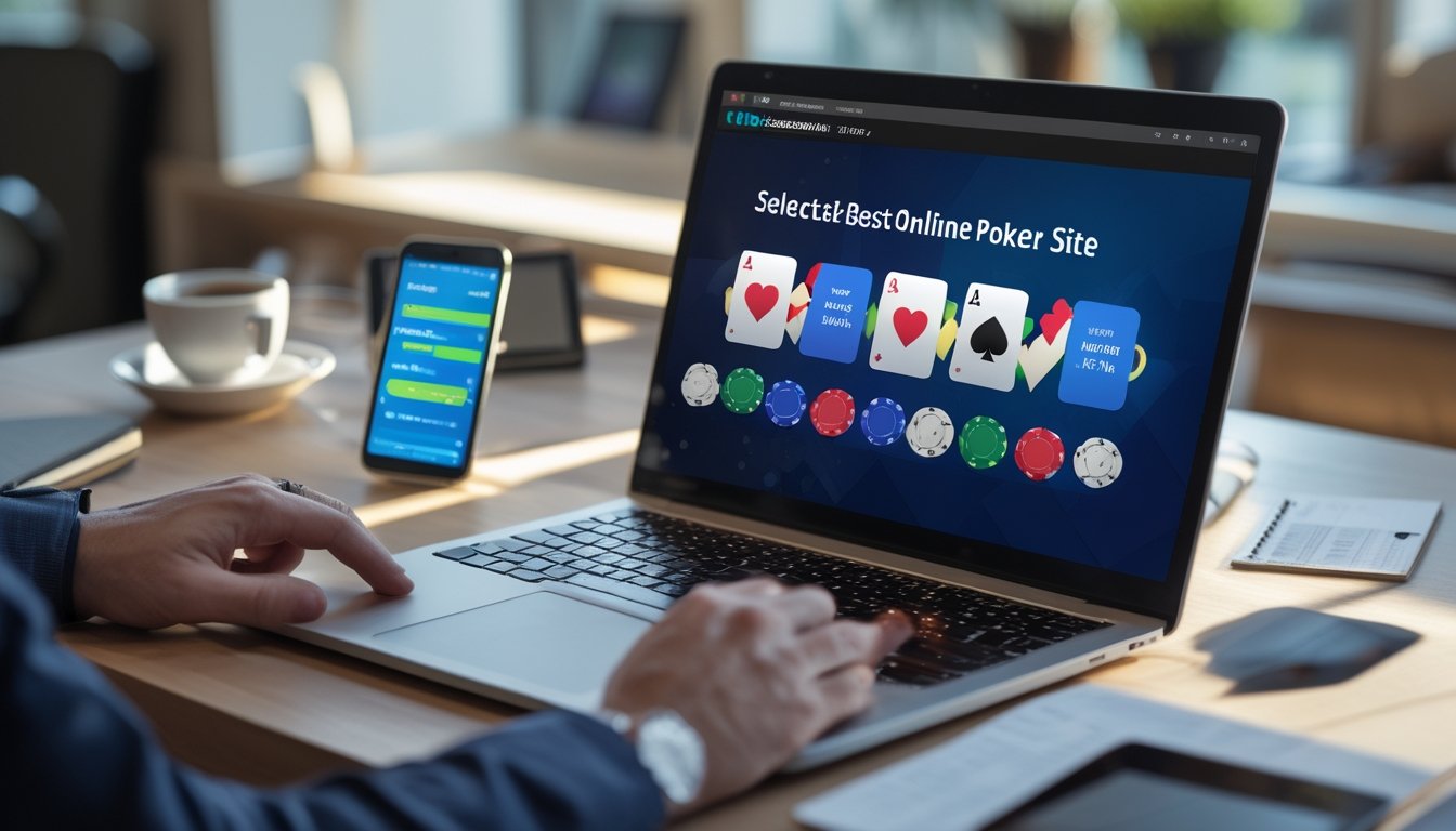 Seseorang sedang menggunakan laptop dengan tampilan situs poker online, dikelilingi chip poker, kartu remi, dan alat tulis di meja kerja.