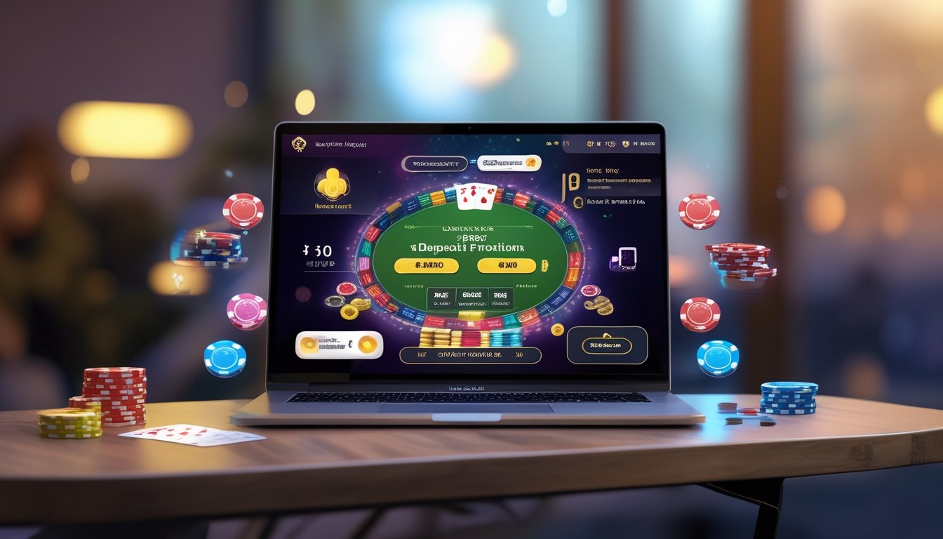 Seorang pemain poker online menggunakan laptop dengan tampilan permainan poker dan chip di meja kayu.