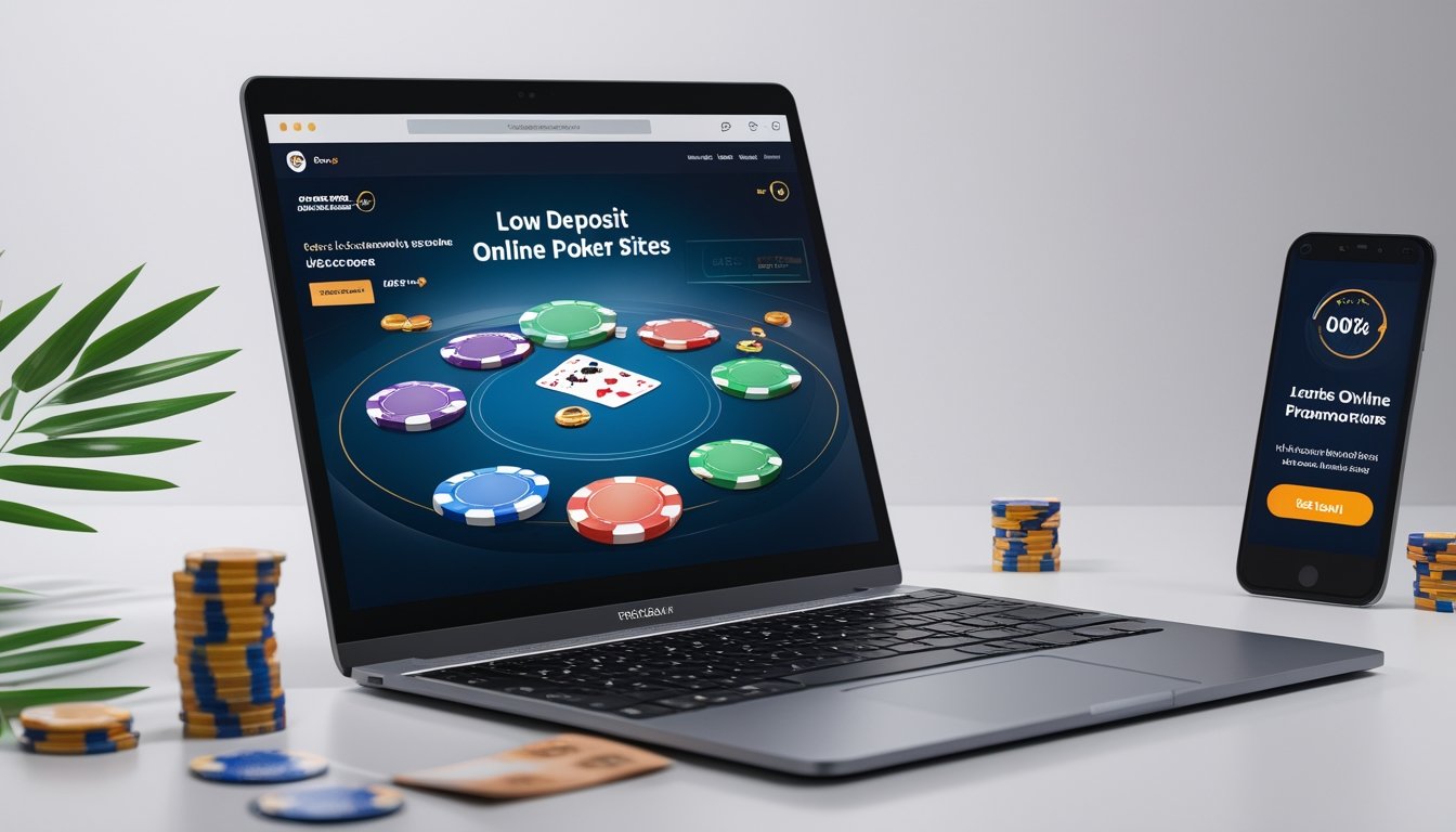 Seorang pemain poker online menggunakan laptop dengan tumpukan chip poker dan ponsel yang menampilkan promosi di meja permainan.