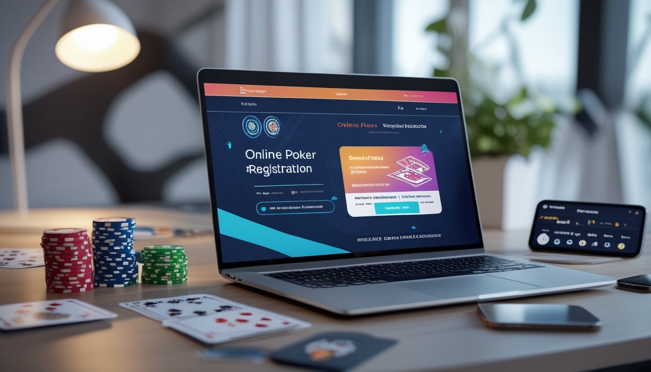 Meja kerja dengan laptop yang menampilkan halaman pendaftaran poker online, dikelilingi oleh chip poker, kartu remi, dan ponsel dengan aplikasi poker.