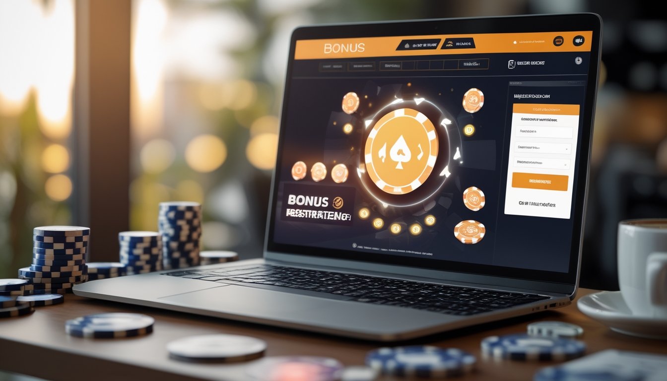 Seorang pemain poker online menggunakan laptop dengan kartu dan chip poker di meja, serta ponsel yang menampilkan formulir pendaftaran.
