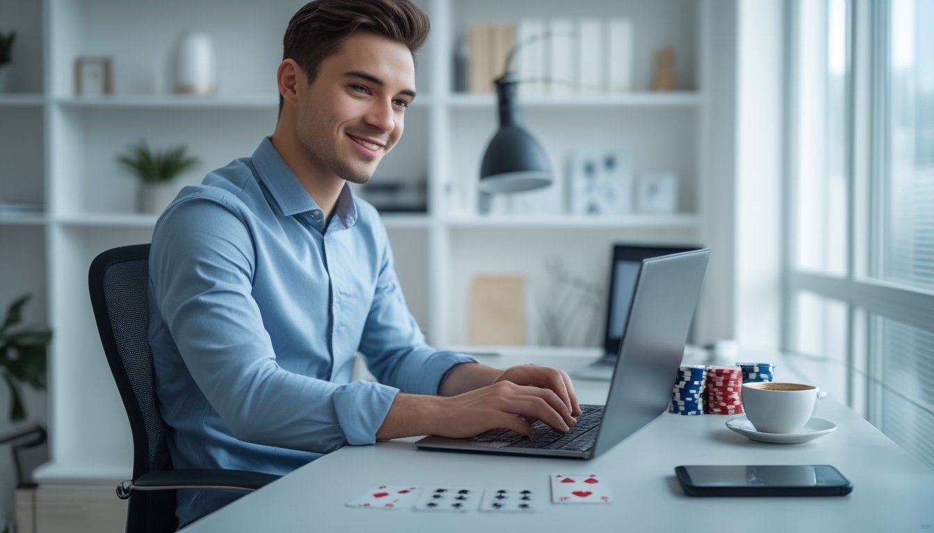 Seseorang duduk di meja dengan laptop, kartu remi, dan chip poker, terlihat fokus dan tersenyum di ruang kerja yang terang.