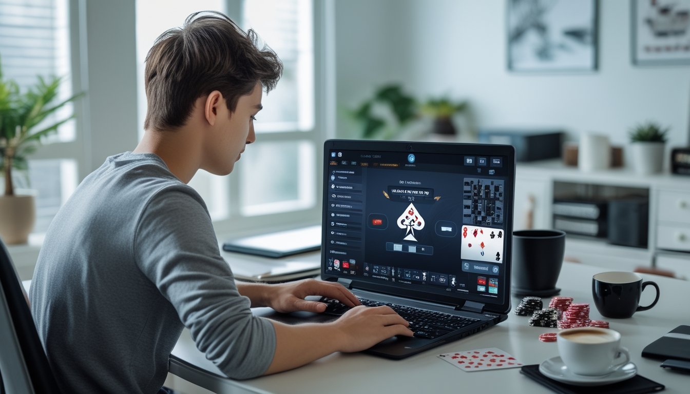 Seorang dewasa muda sedang duduk di depan laptop dengan permainan poker online, di meja terdapat chip poker dan kartu remi, di ruang kerja yang rapi dan terang.