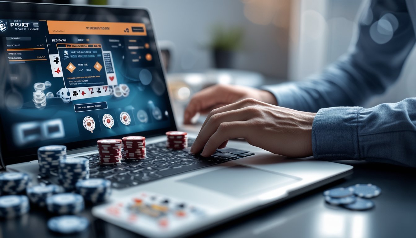 Seseorang menggunakan laptop dengan permainan poker online, di meja terdapat chip dan kartu poker, dengan simbol keamanan digital di latar belakang.