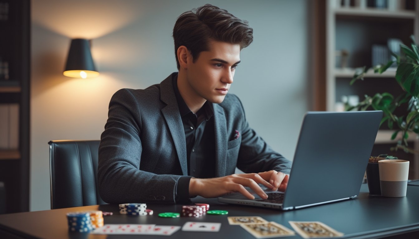 Seorang dewasa muda duduk di meja dengan laptop yang menampilkan permainan poker, di ruang kerja rumah yang nyaman dengan kartu dan chip poker di meja.