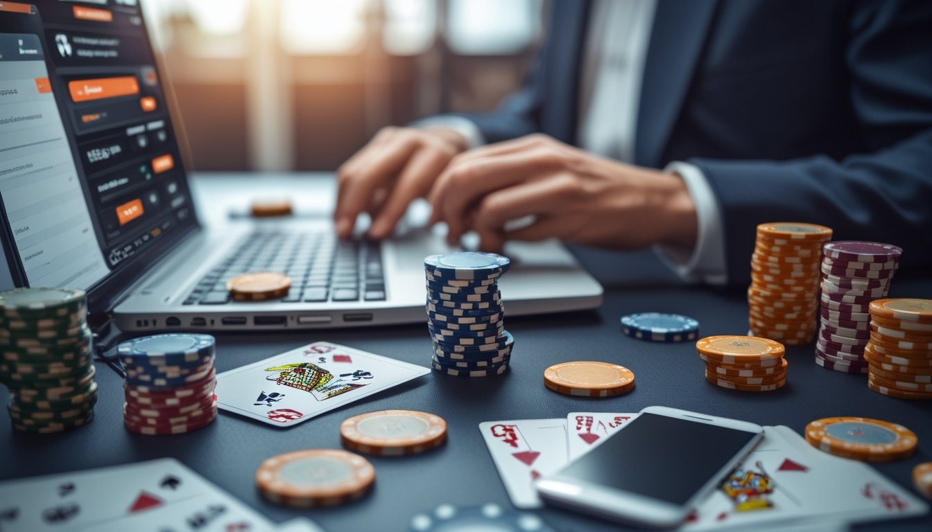 Meja kerja dengan laptop menampilkan permainan poker online, kartu remi, dan chip poker di sekitarnya.