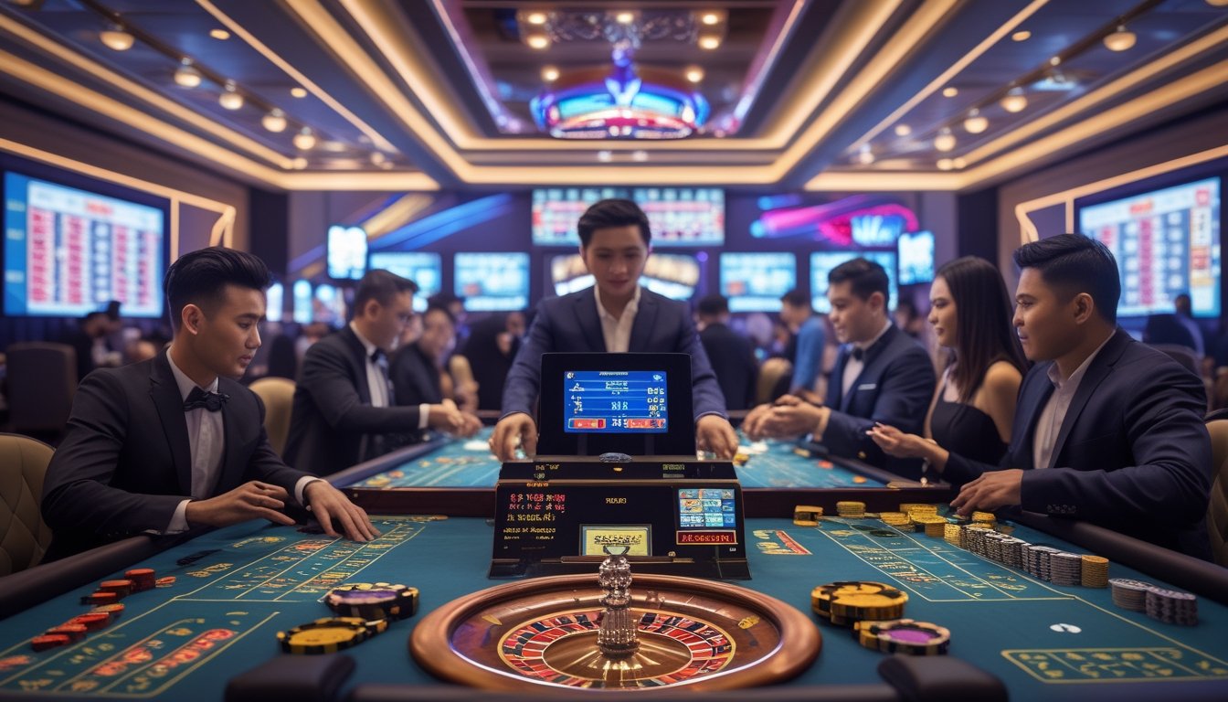 Suasana kasino langsung di Asia dengan pemain dan dealer yang sedang bermain di meja permainan, lampu berwarna-warni, dan layar digital di latar belakang.