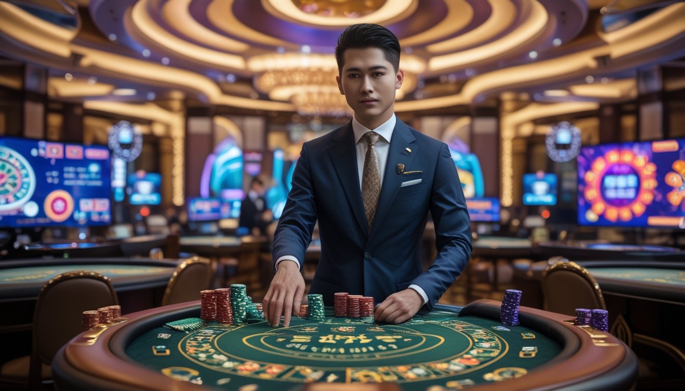 Seorang dealer di meja kasino langsung dengan latar belakang layar digital bertema Asia dan suasana kasino yang elegan.