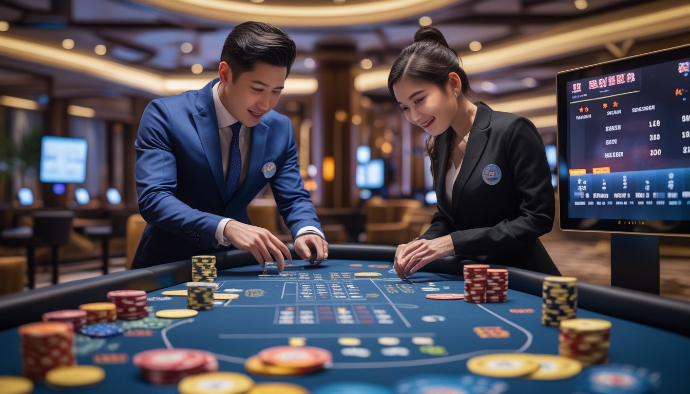 Seorang dealer pria dan wanita Asia sedang mengelola meja permainan kasino langsung dengan chip dan kartu di kasino mewah.