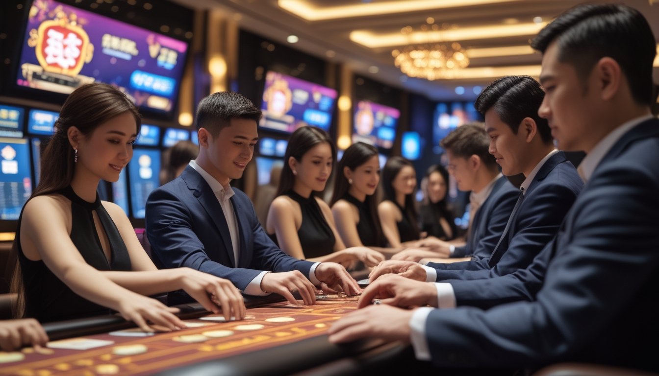 Sejumlah pemain dan dealer di meja kasino langsung dengan latar belakang layar digital bertema Asia, suasana profesional dan cerah.
