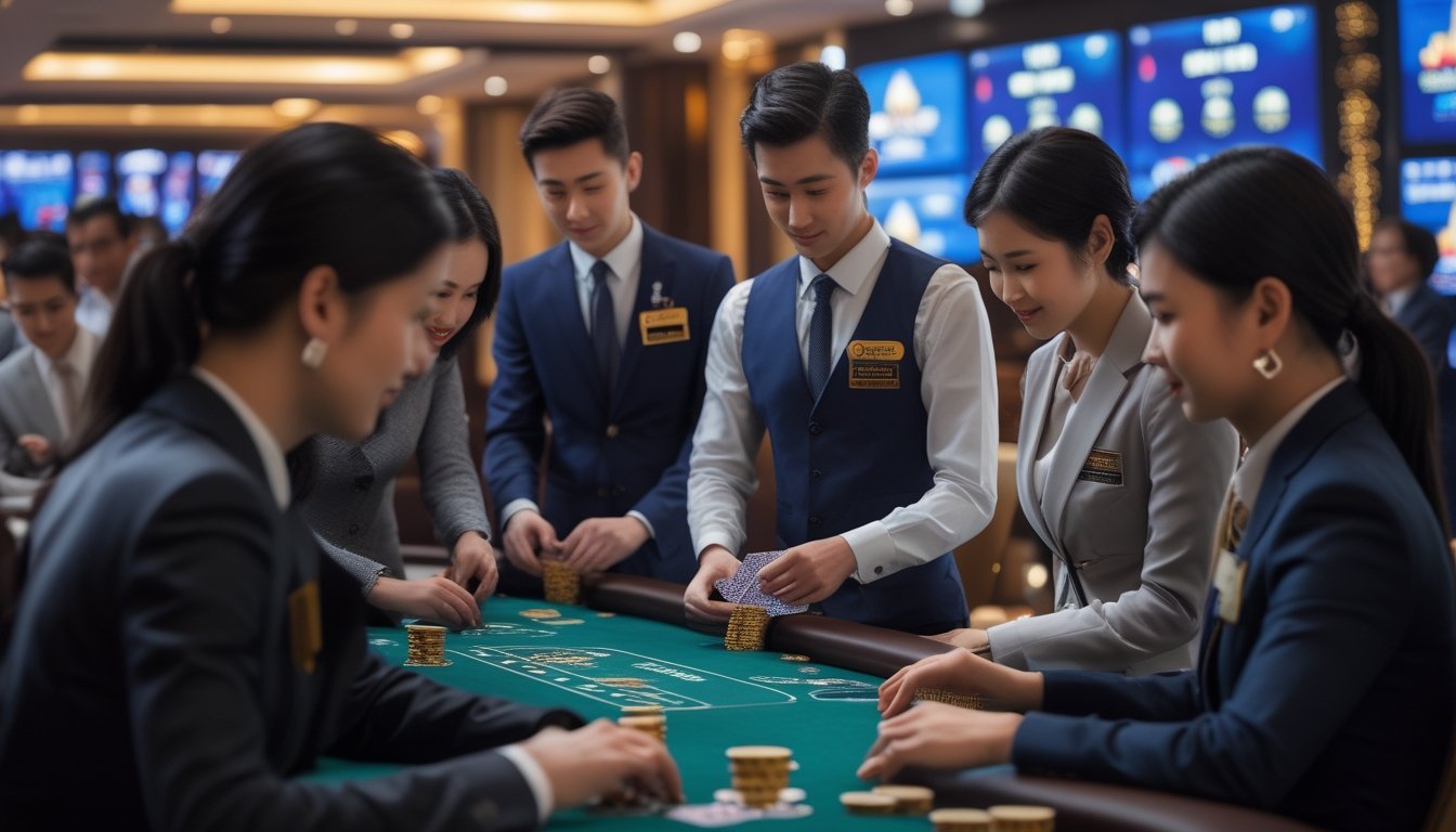 Suasana kasino langsung dengan dealer profesional Asia dan pemain di meja permainan.