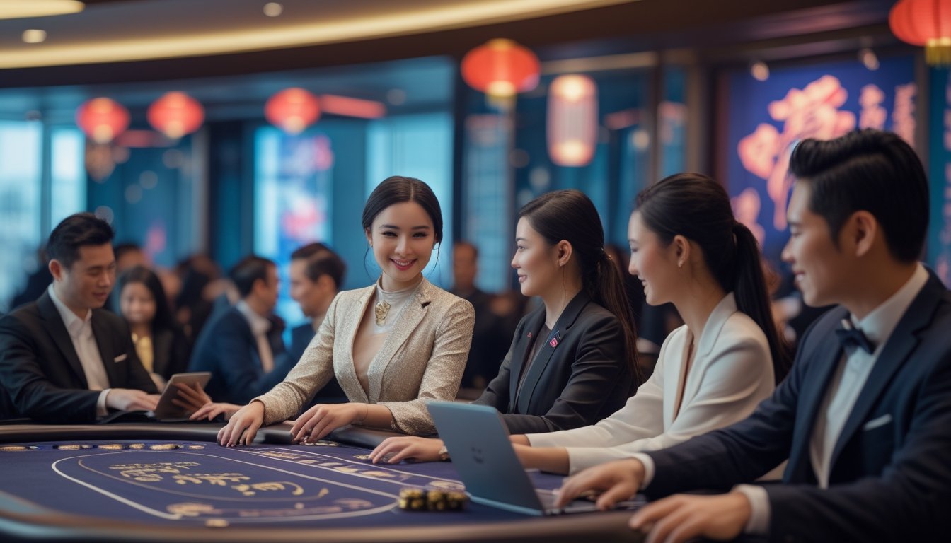 Seorang dealer kasino langsung sedang melayani pemain Asia yang menggunakan laptop dan ponsel di meja kasino modern.