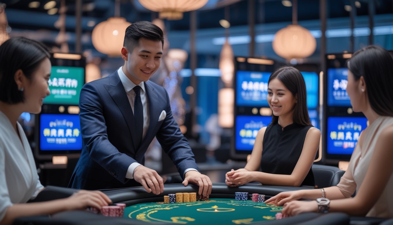 Suasana kasino langsung Asia dengan dealer dan pemain yang sedang bermain di meja permainan modern.