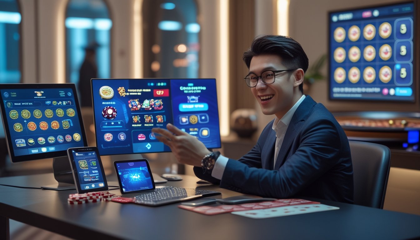 Seorang dewasa muda duduk di meja dengan laptop dan ponsel yang menampilkan permainan kasino online dan pemberitahuan bonus, di ruangan dengan dekorasi kasino yang samar.