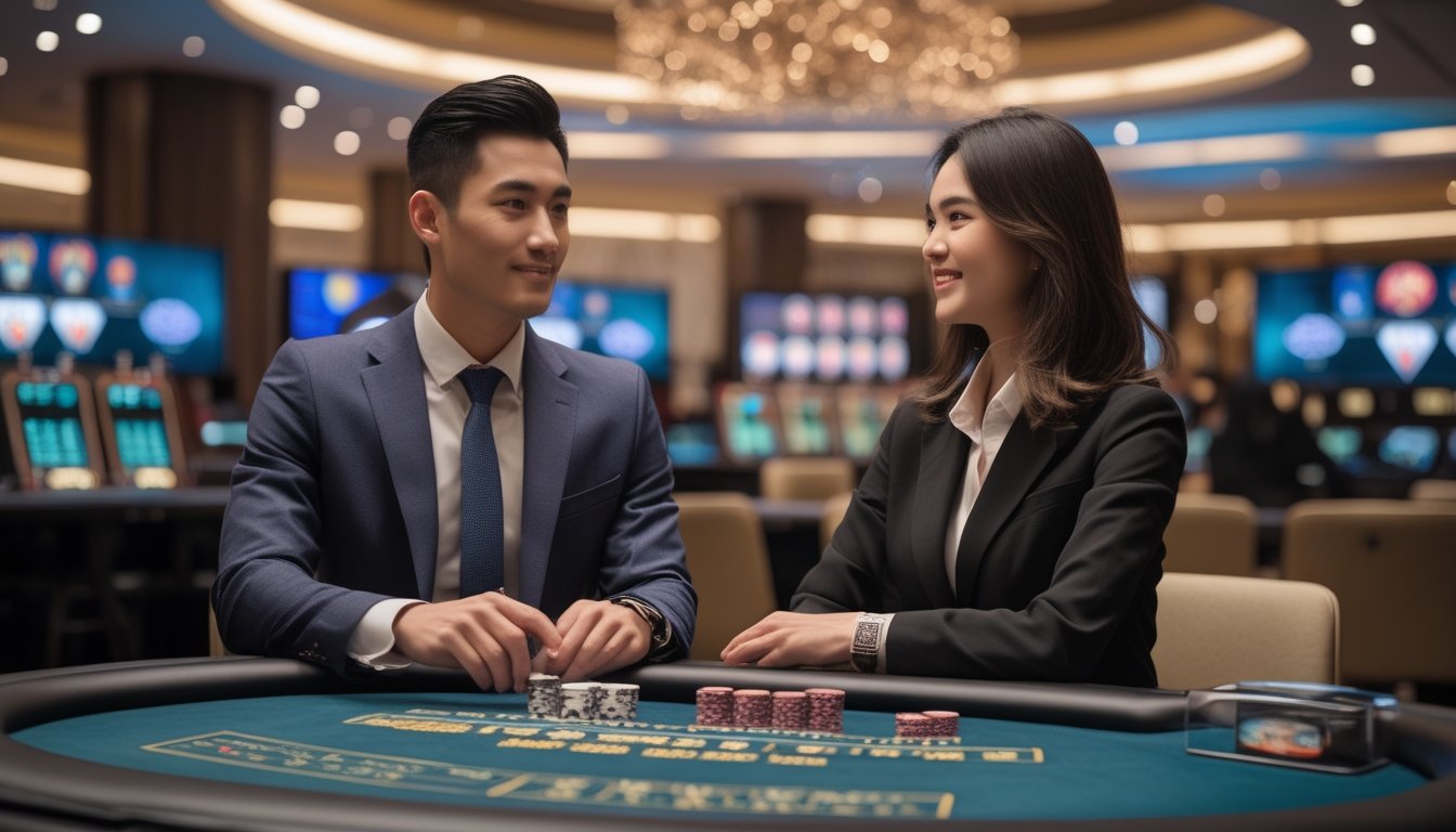 Seorang pria dan wanita Asia duduk di meja kasino langsung dengan kartu dan chip, tampak percaya diri dan fokus dalam suasana kasino yang mewah.