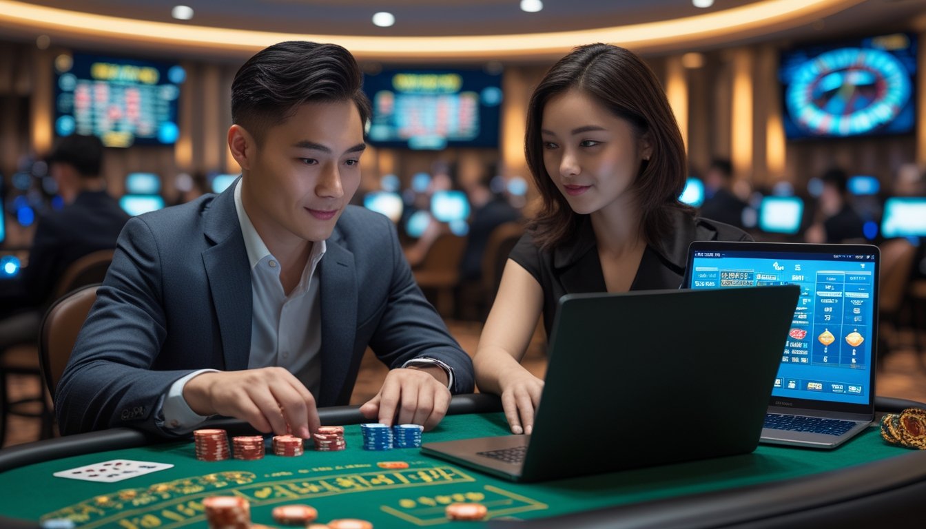 Seorang pria dan wanita Asia bermain permainan kasino langsung menggunakan laptop dan tablet di meja kasino modern dengan chip dan kartu.