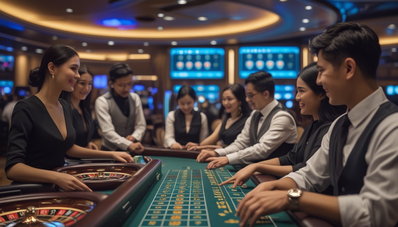 Suasana kasino langsung di Asia dengan pemain dan dealer yang sedang bermain di meja permainan dalam lingkungan mewah dan terang.
