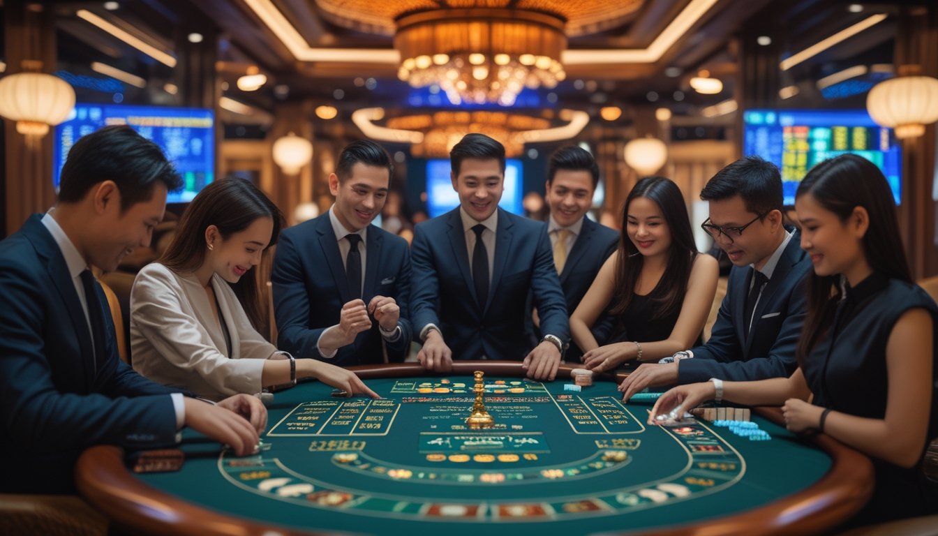 Sejumlah pemain dan dealer sedang bermain di meja kasino langsung dengan dekorasi bergaya Asia di latar belakang.