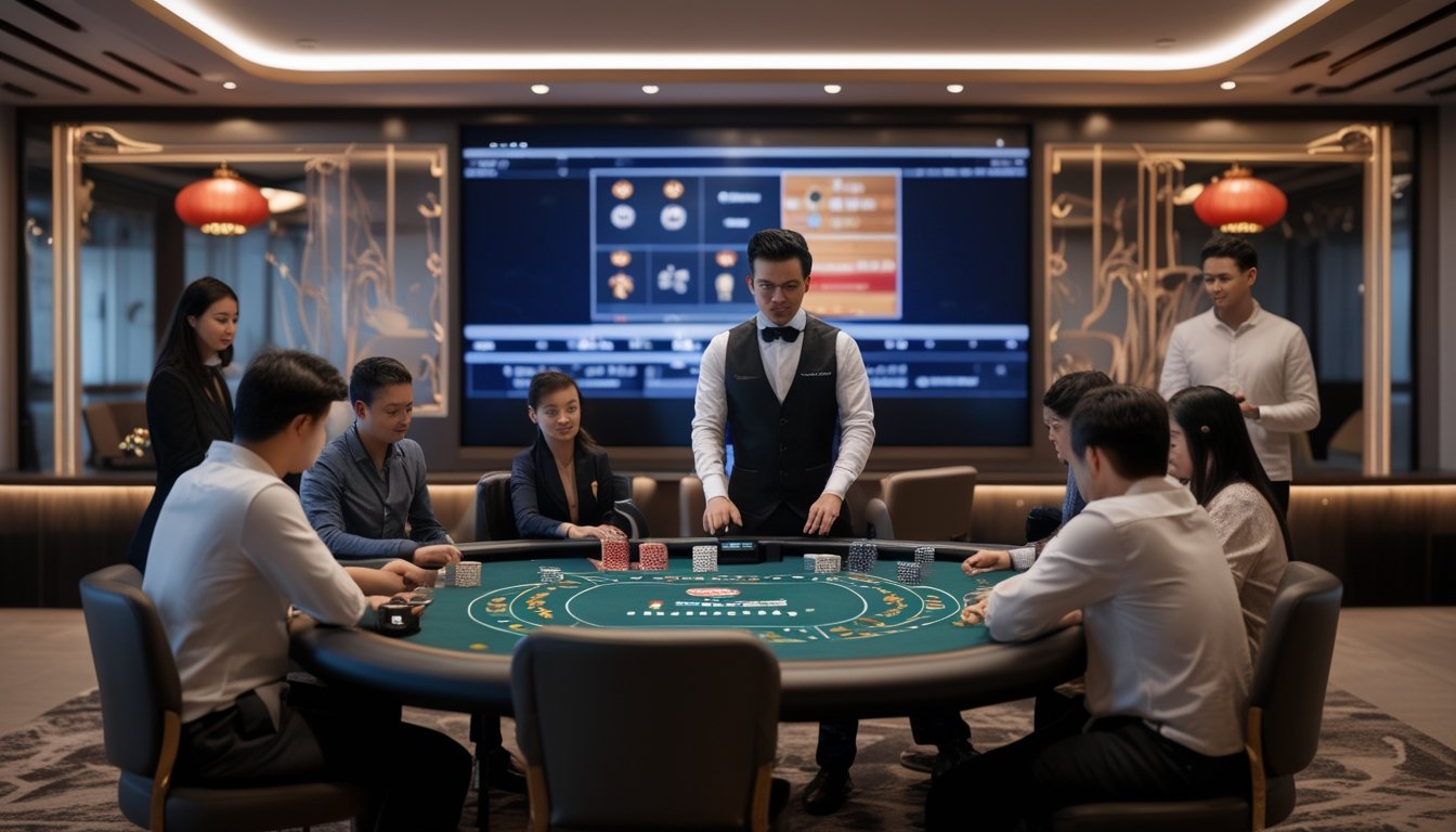 Suasana kasino langsung dengan dealer digital dan pemain yang sedang bermain di meja permainan.
