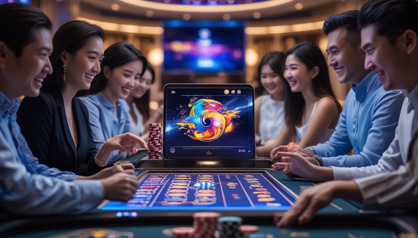 Seorang pemain di meja kasino live dengan suasana mewah dan perangkat digital, menunjukkan aktivitas permainan kasino Asia.