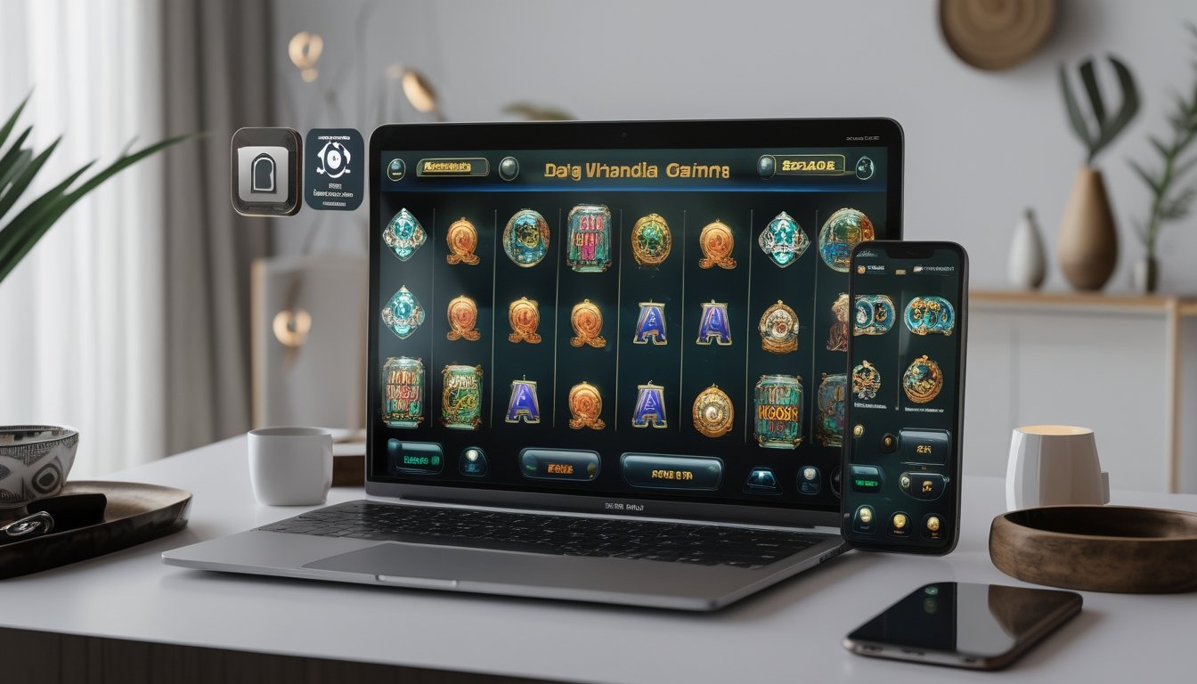 Sebuah meja kerja modern dengan komputer yang menampilkan permainan slot online berwarna-warni, dilengkapi dengan elemen keamanan dan latar belakang dengan motif budaya Indonesia.