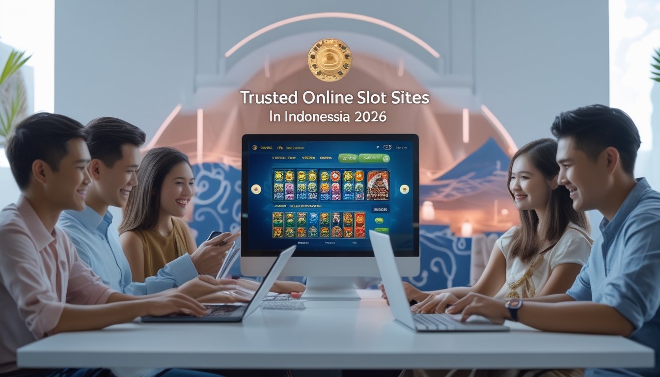 Beberapa orang muda menggunakan laptop dan ponsel untuk bermain permainan slot online di ruang kerja modern dengan elemen budaya Indonesia di latar belakang.