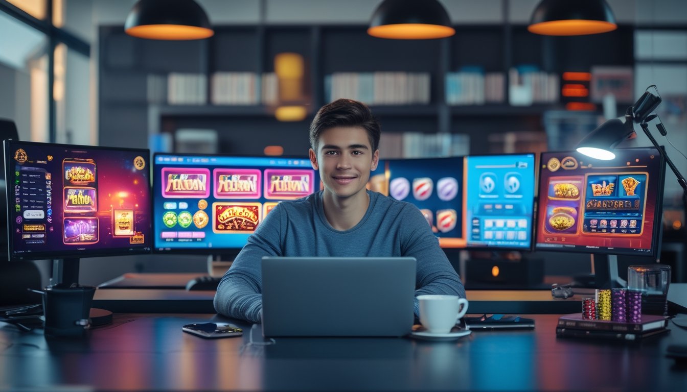 Seorang pria muda duduk di meja kerja dengan beberapa monitor menampilkan permainan slot online, menggunakan laptop dan ponsel, di ruang kantor yang terang.