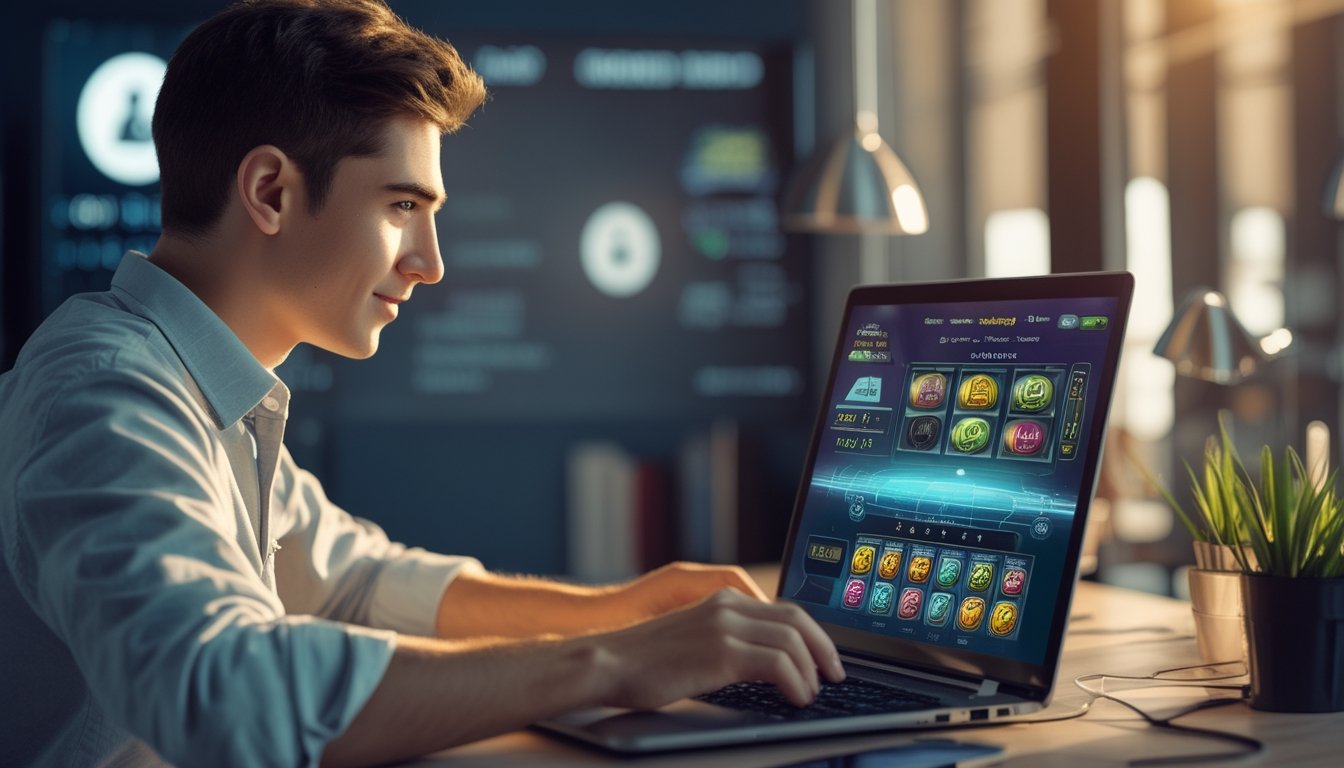 Seorang pria muda duduk di meja dengan laptop, fokus bermain permainan slot online di ruangan yang terang dan rapi.