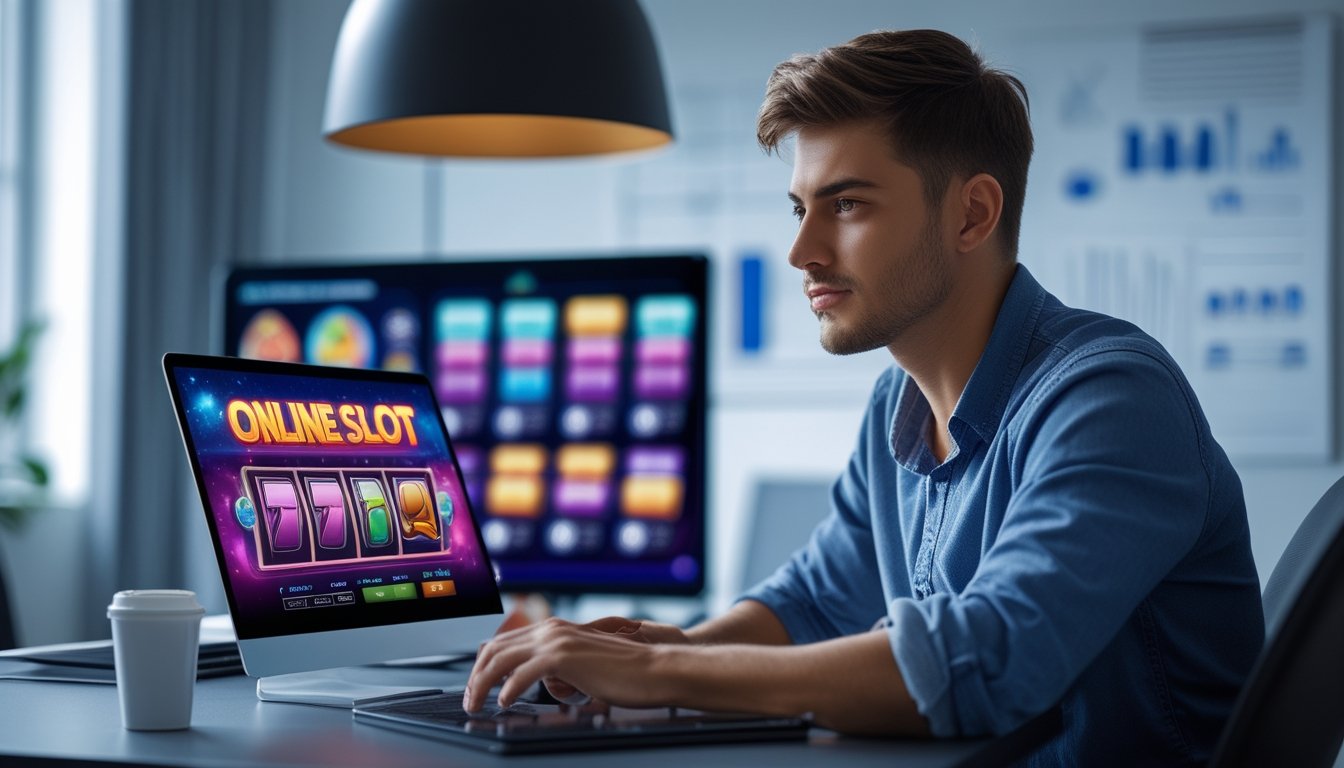 Seorang pria muda duduk di depan laptop dengan tampilan permainan slot online di layar, terlihat fokus dan serius di sebuah ruangan modern.
