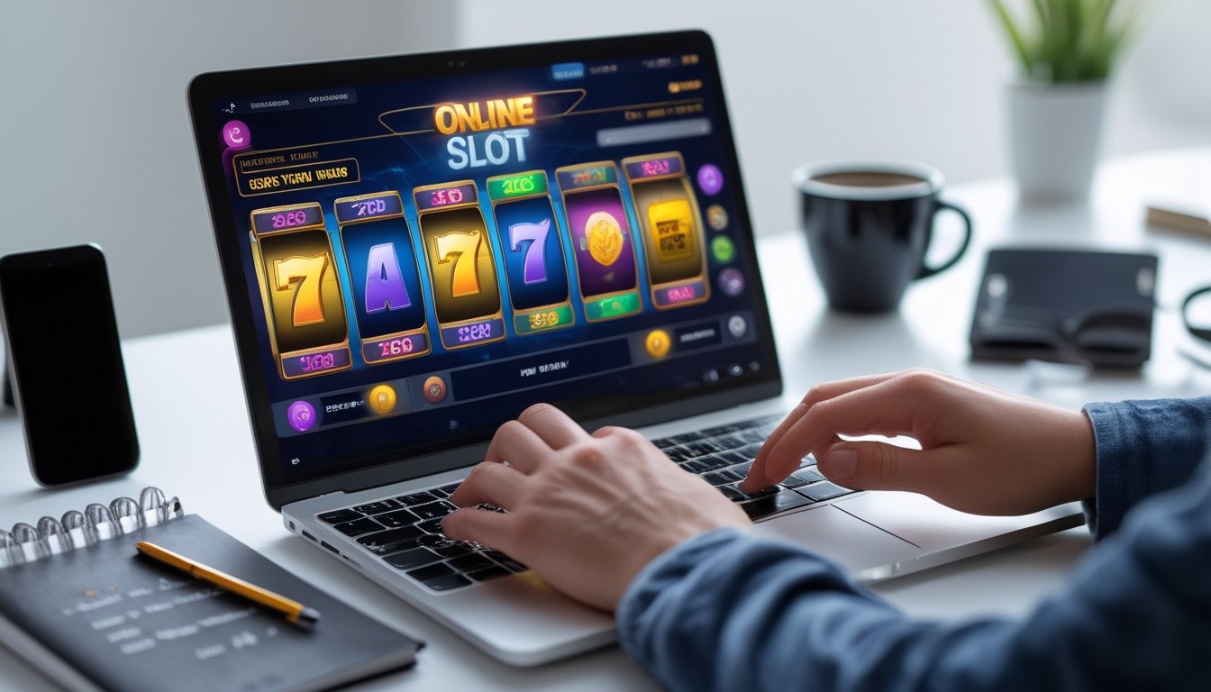 Seorang pemain menggunakan laptop dengan tampilan permainan slot online berwarna-warni di layar, di meja terdapat smartphone, buku catatan, dan secangkir kopi.