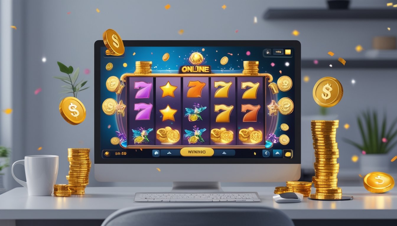 Seseorang bermain permainan slot online di komputer dengan koin emas dan ikon jackpot di sekitarnya.