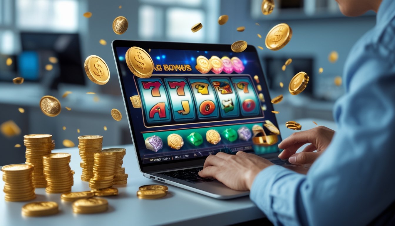 Seseorang menggunakan laptop dengan layar menampilkan permainan slot online yang berwarna-warni dan simbol kemenangan di sekitarnya.