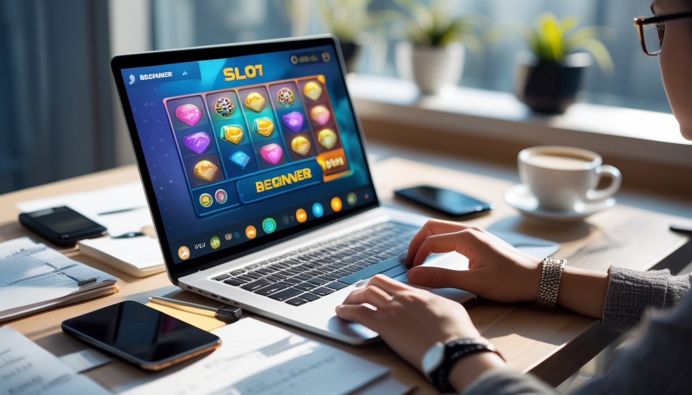 Seorang pengguna sedang menggunakan laptop dengan permainan slot online di layar, dikelilingi oleh catatan, ponsel, dan secangkir kopi di meja kerja yang rapi.